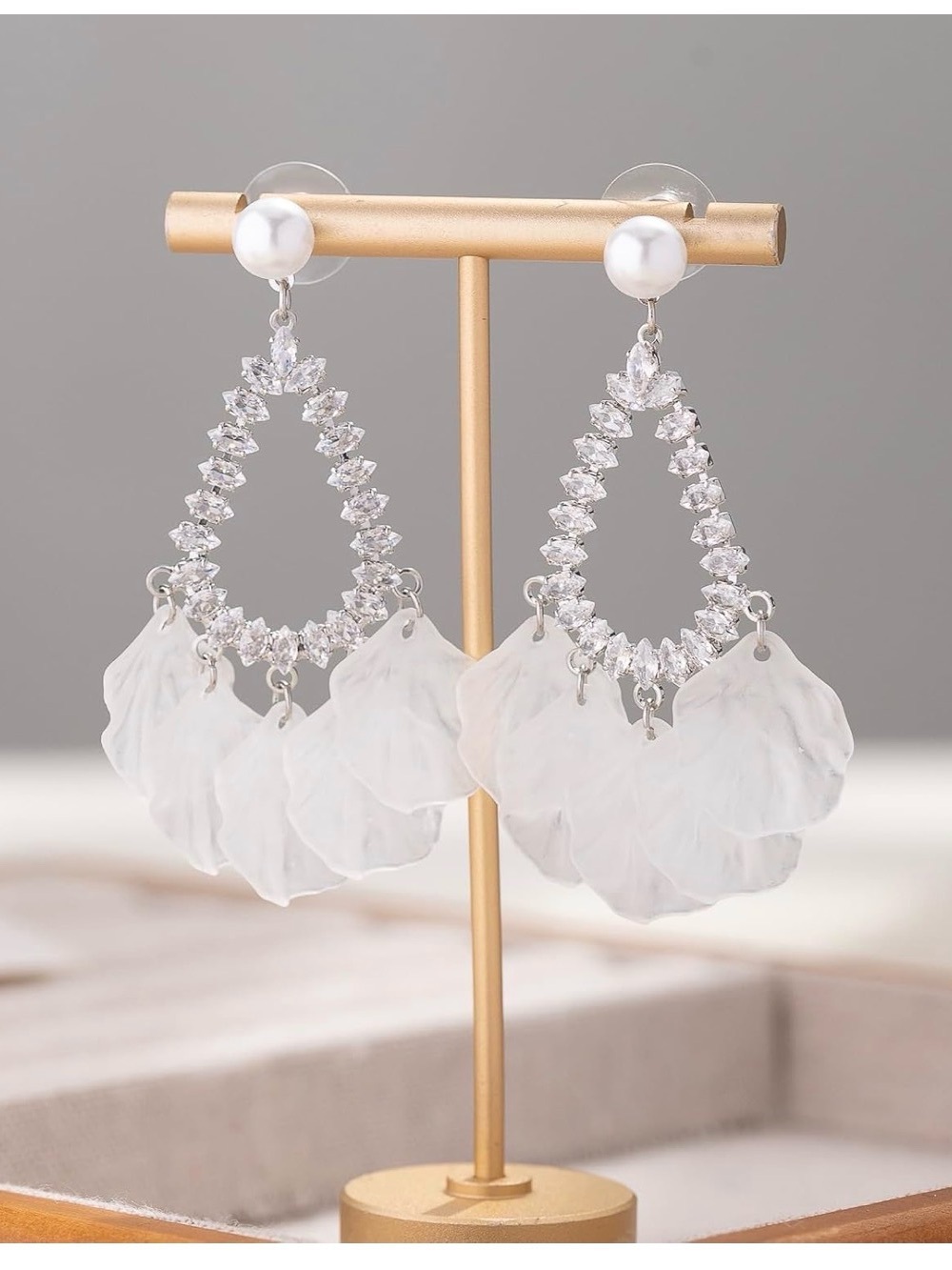 Boho White Floral Petal Drop Earrings Pearl Rhinestone Statement-NIB